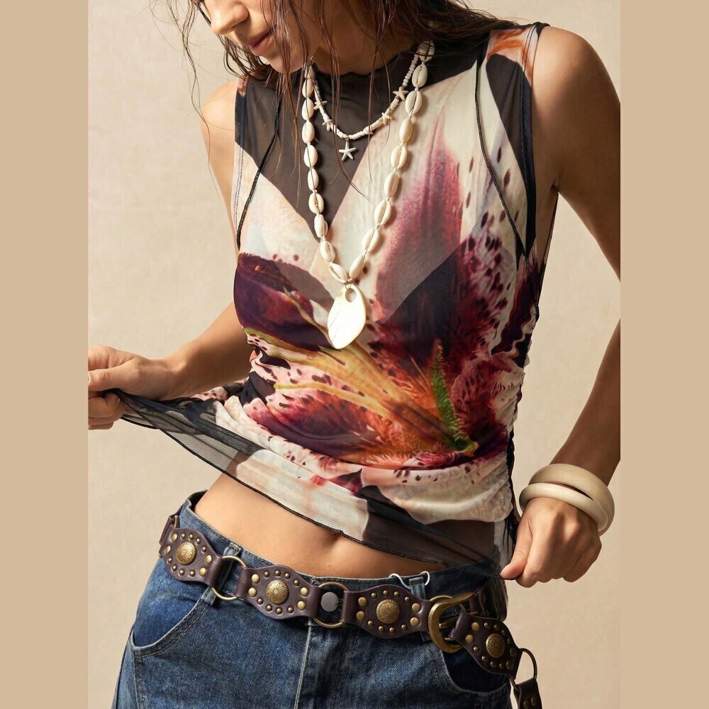 Black Cream Floral Sheer Mesh Lettuce Hem Sleeveless Crop Tank Top